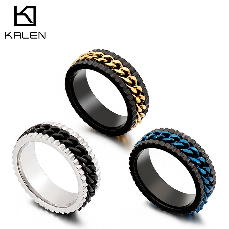 KALEN Punk Cuban Chain Rings Men Stainless Steel Gold    Blue Biker Finger Ring Hip Hop Jewellry 2020