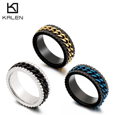 KALEN Punk Cuban Chain Rings Men Stainless Steel Gold    Blue Biker Finger Ring Hip Hop Jewellry 2020