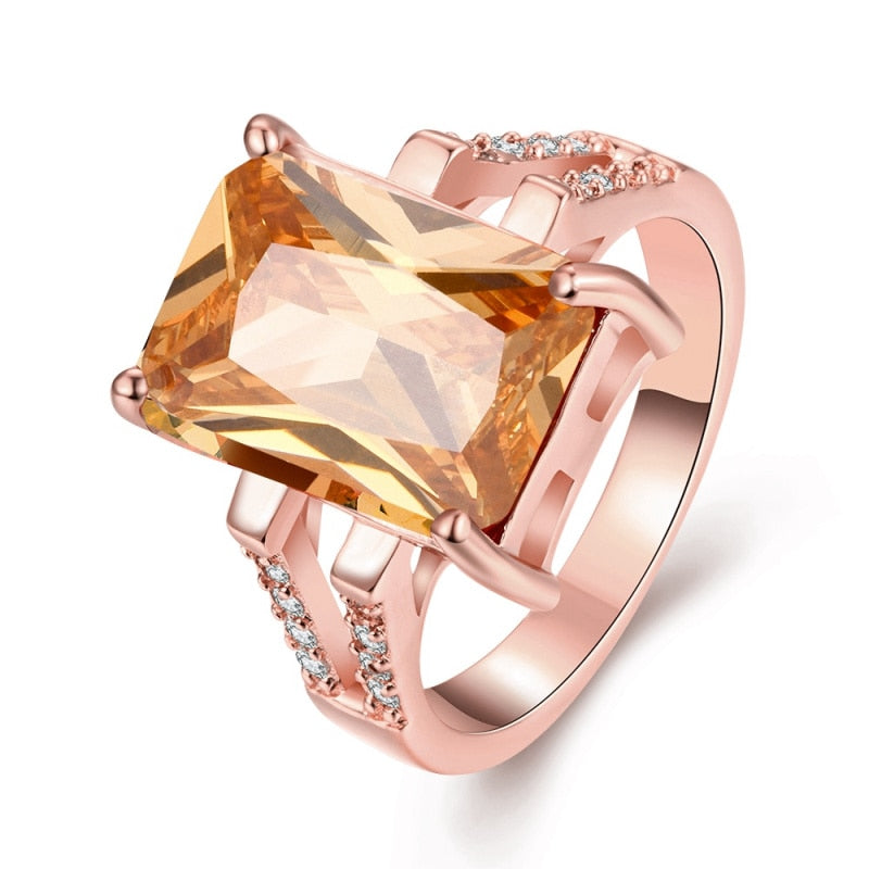 Elegant Rose Gold Overlay Ring Champagne Cubic Zirconia Fashion jewellry Wedding ring size 7 8 R2138