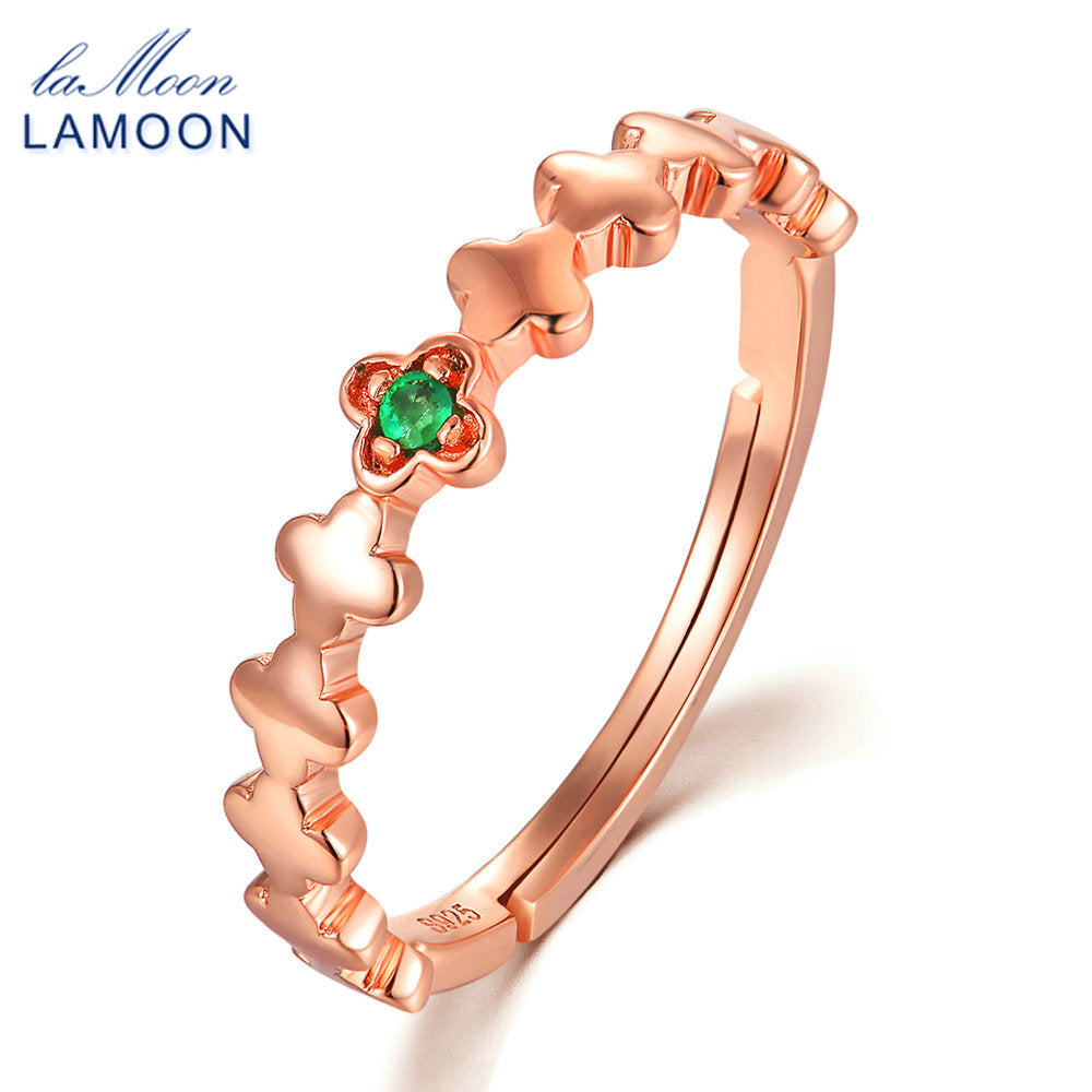 LAMOON 2017 New Romantic Real Natural Round Green Emerald Clover S925 Rings 925-Sterling-Silver Jewellry for Women Girl LMRI058